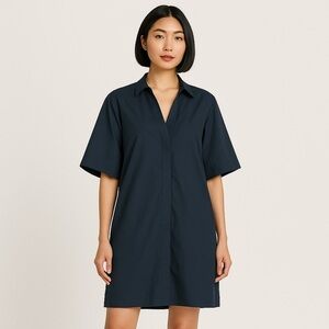 XANDER Navy Blue Lightweight Poplin Wide Sleeve Shirtdress Dress -2